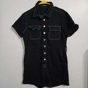 M#102 SHEIN Black‎ Denim Romper Jumpsuit Short Sleeve Button Up Pockets Size L